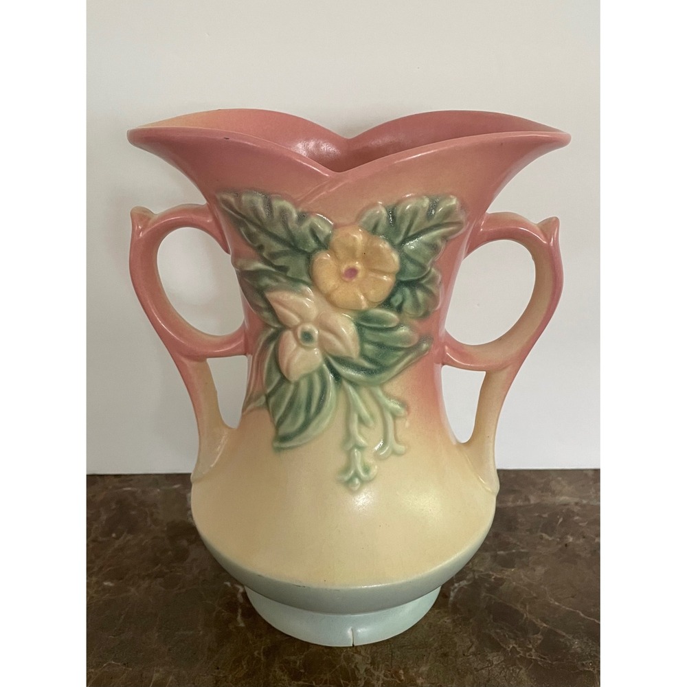 Vintage Hull Art Pottery Wildflower Vase Pink Blue W-6-7.5" Double Handle USA